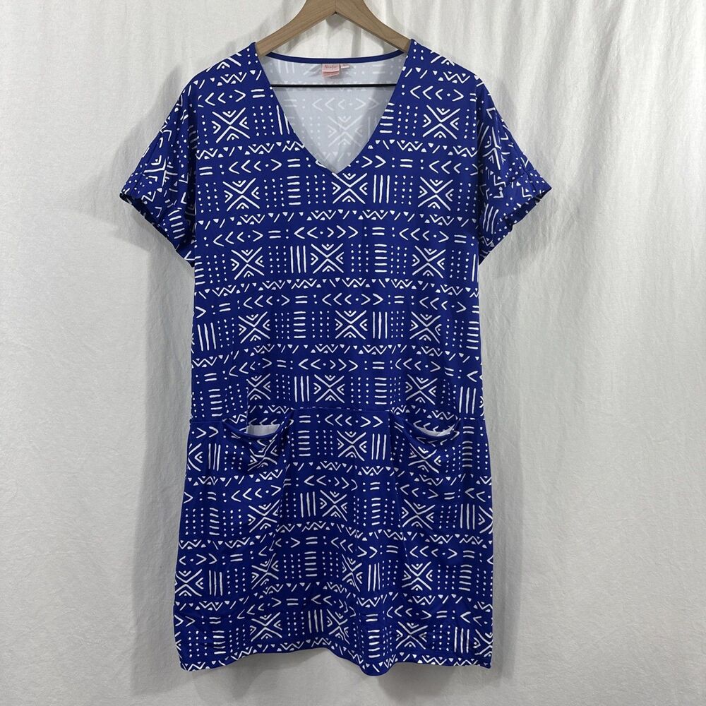 Persifor Bamsie Blue Tribal Pockets Stretch Short Sleeve Shift Dress Womens L